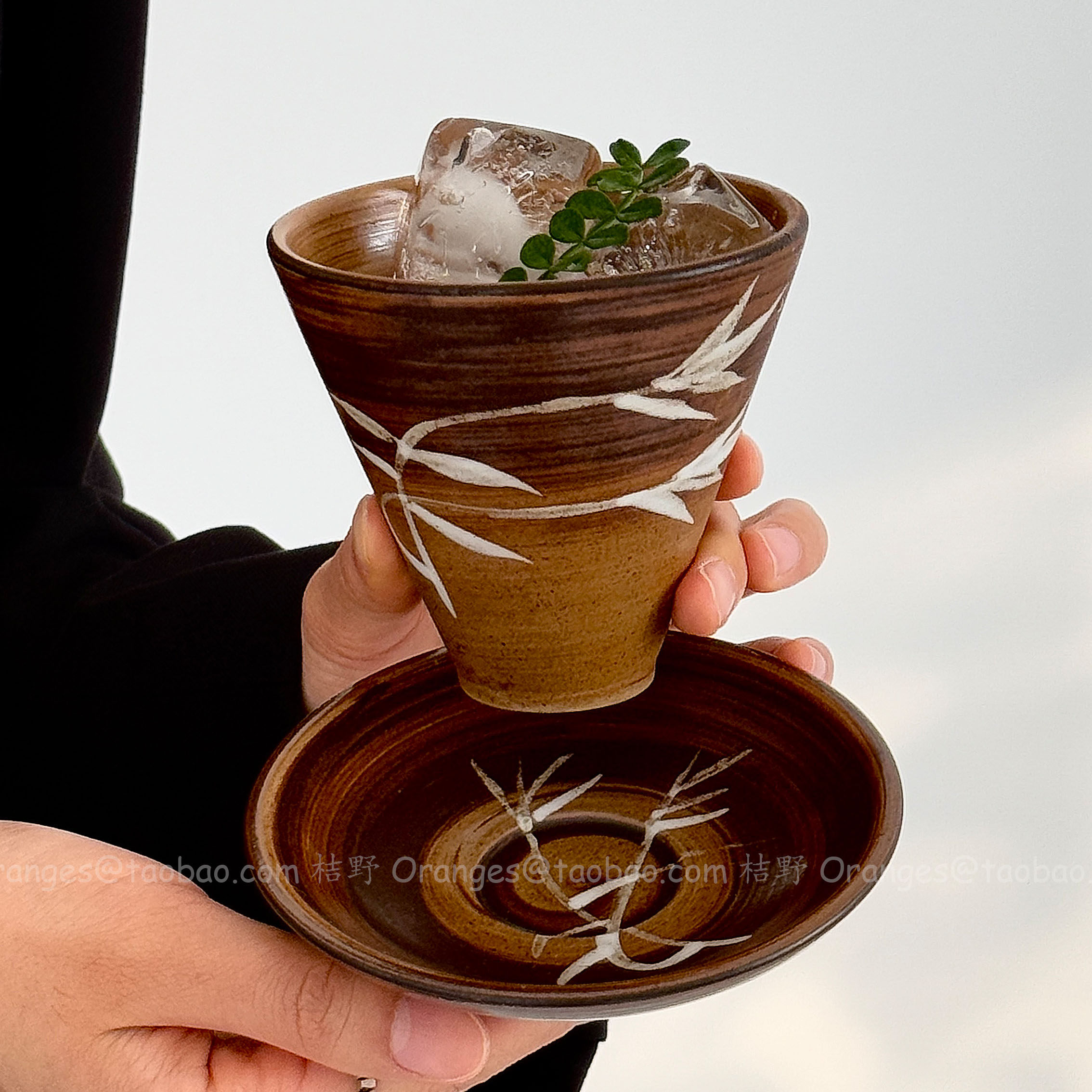 美拉德棕复古粗陶竹影咖啡杯碟手握杯陶瓷杯日式拉花拿铁杯子礼物