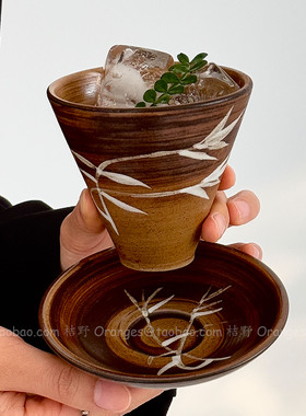 美拉德棕复古粗陶竹影咖啡杯碟手握杯陶瓷杯日式拉花拿铁杯子礼物