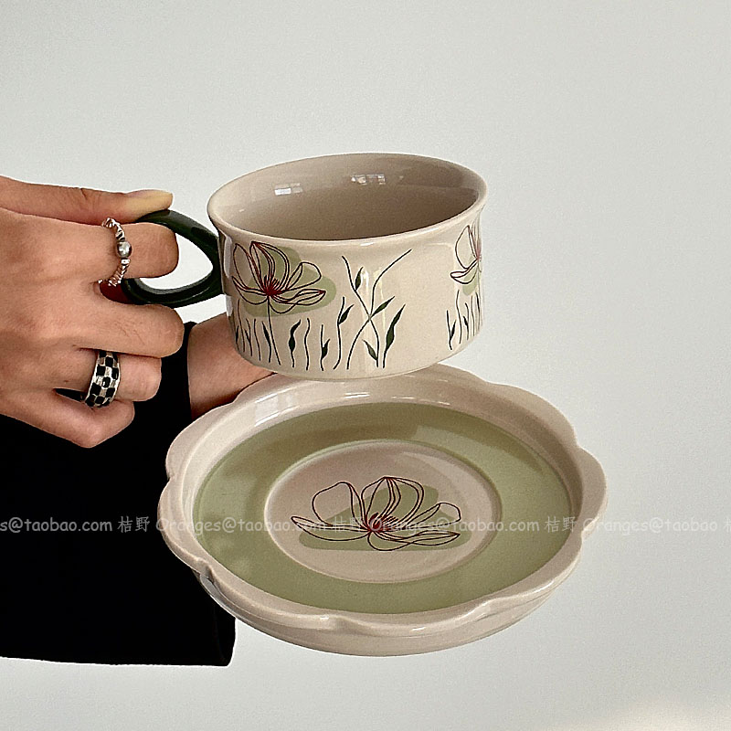 复古青野咖啡杯碟拿铁杯子