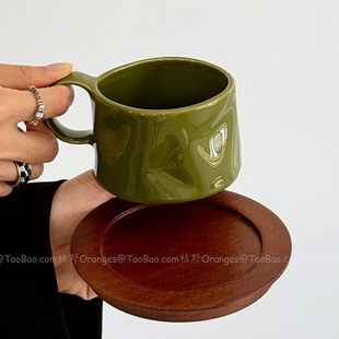Oranges复古绿不规则手捏褶皱咖啡杯碟拉花拿铁杯下午茶水杯礼物