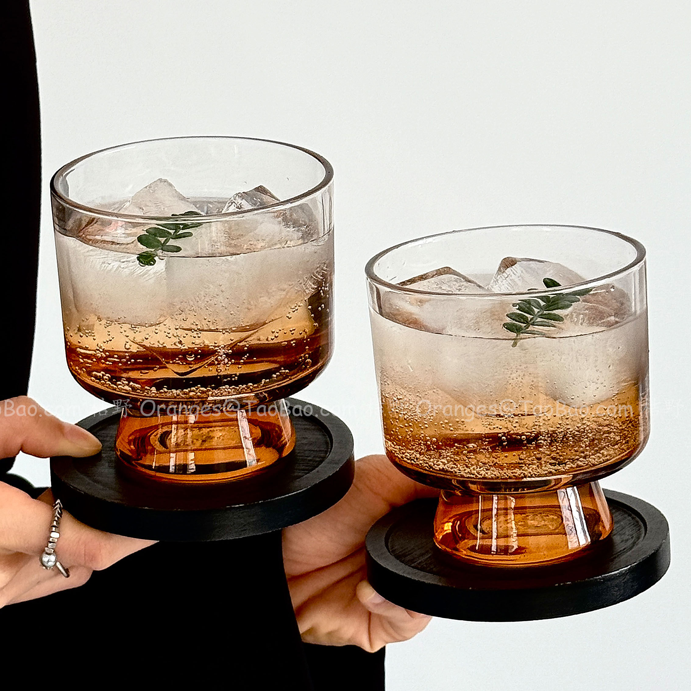 小众琥珀高足玻璃杯ins风大容量水果茶杯冰咖啡杯果汁杯饮品杯子