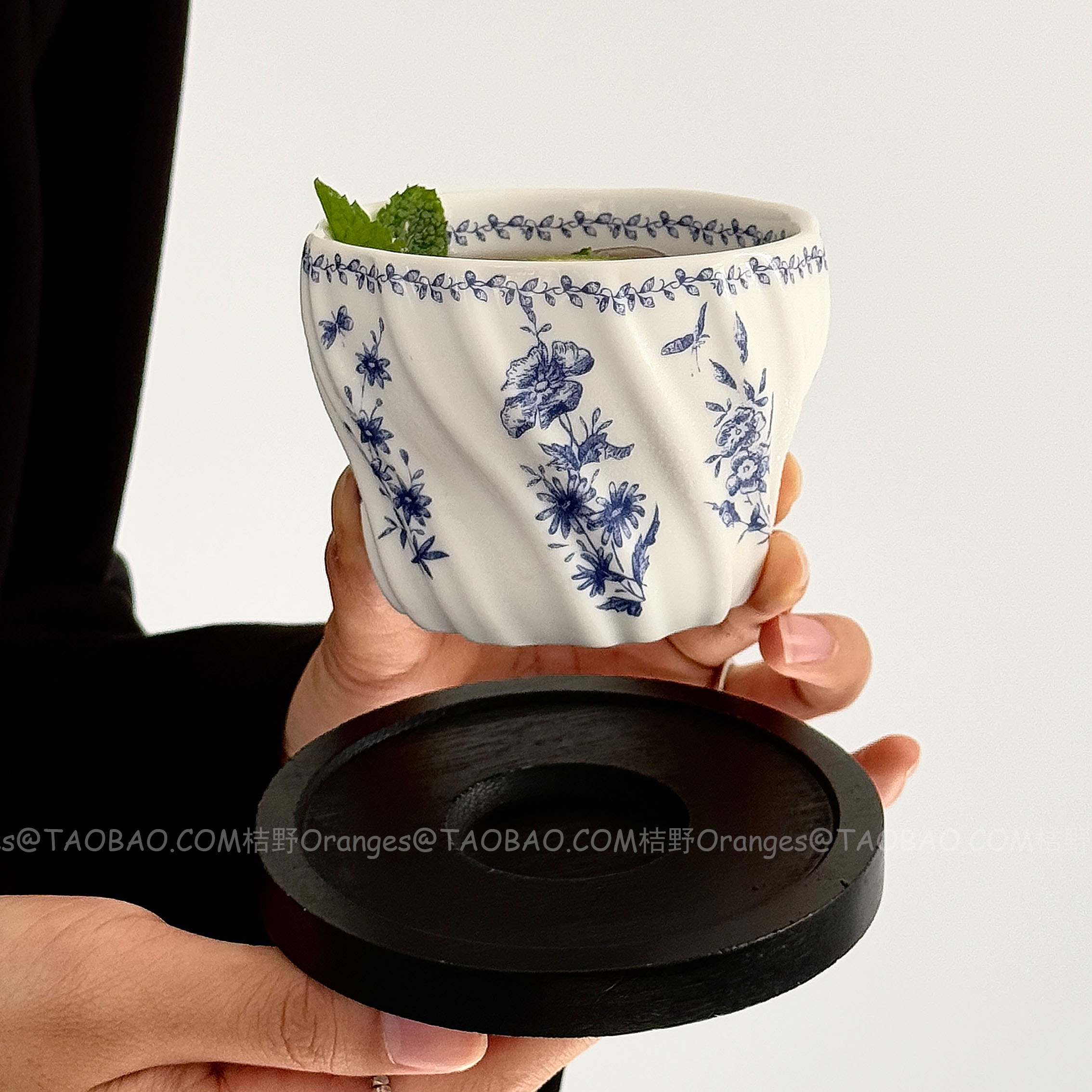 Oranges复古手作不规则青花兰杯