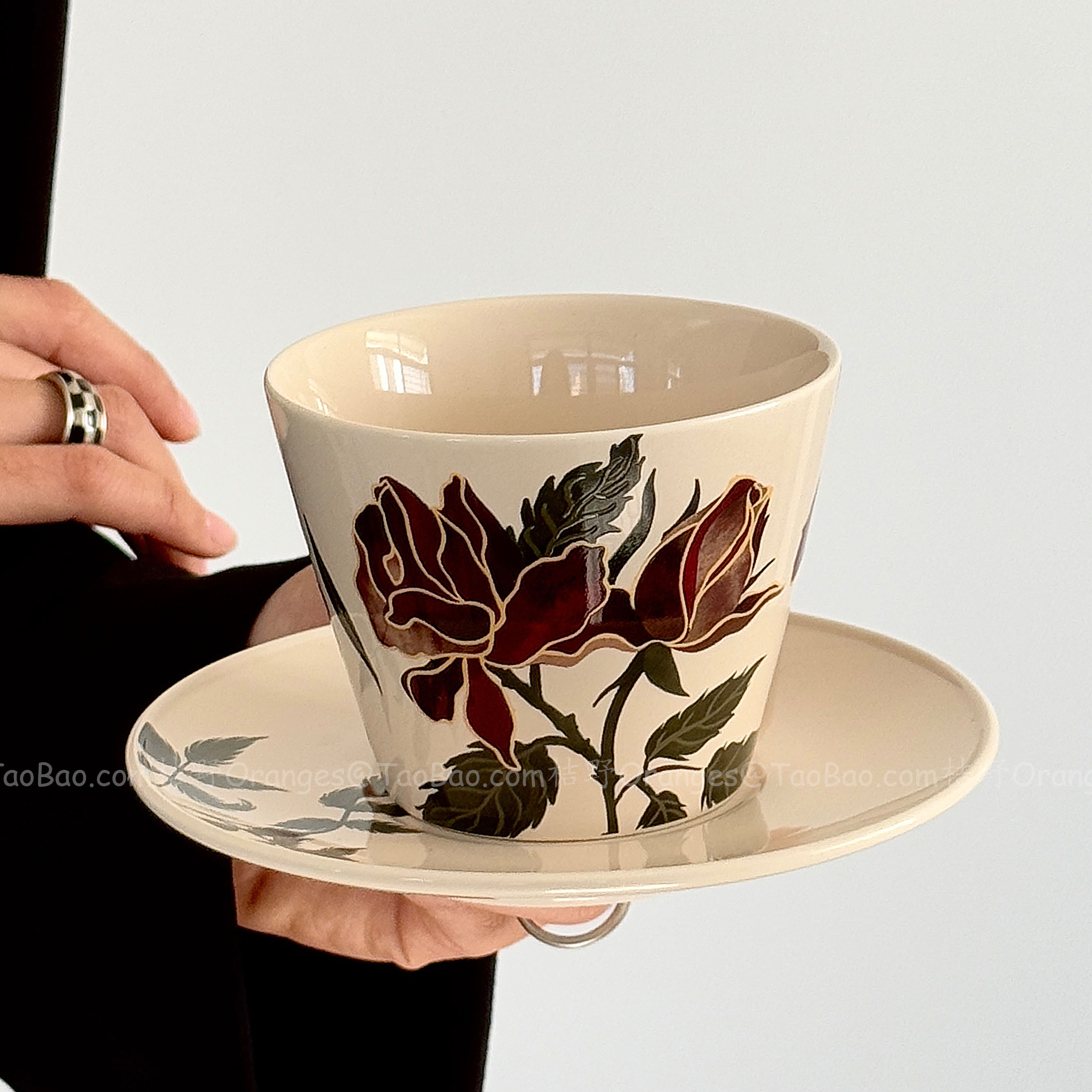 美拉德玫瑰咖啡杯碟陶瓷手握杯子