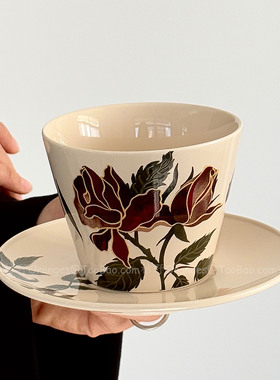 美拉德玫瑰咖啡杯碟陶瓷手握杯复古拉花拿铁杯手冲杯下午茶杯礼物