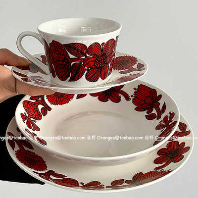 中古复刻红菊陶瓷餐具早餐盘深盘