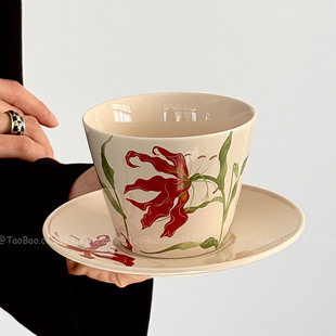 复古红嘉兰陶瓷咖啡杯碟手握杯拿铁拉花杯手冲杯下午茶花茶杯礼物