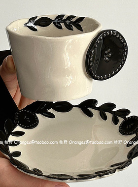 Oranges限定复古黑手绘花藤纽扣咖啡杯碟下午茶水杯小众原创礼物