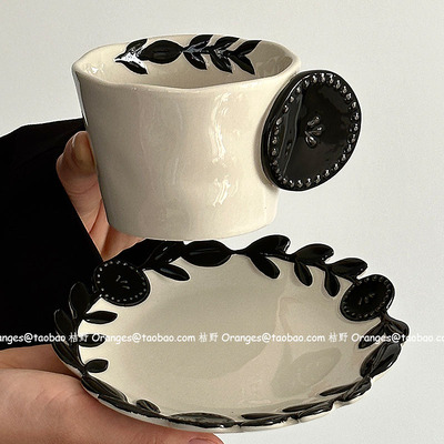 限定复古黑手绘花藤纽扣咖啡杯碟