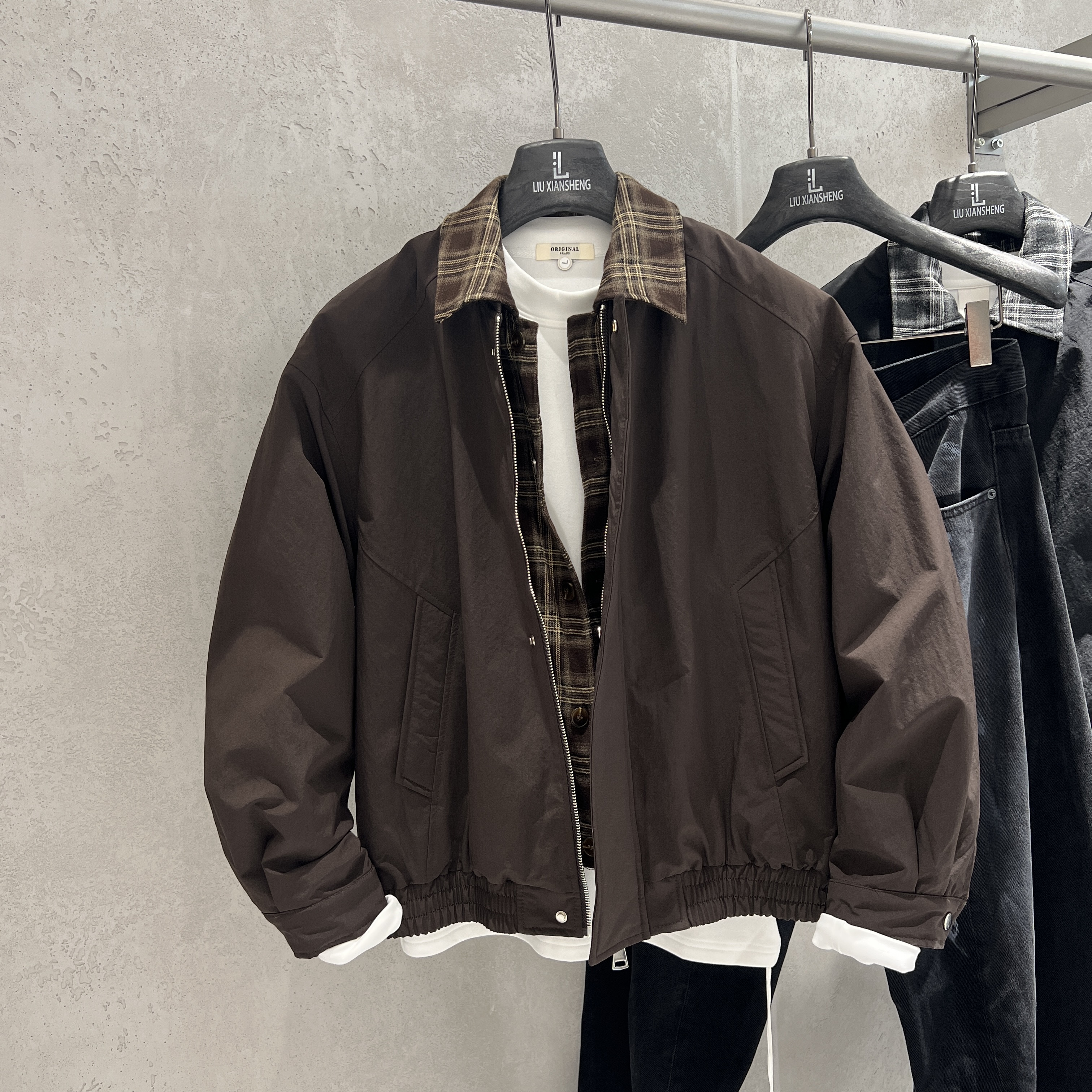 复古格纹假两件二棉夹克男