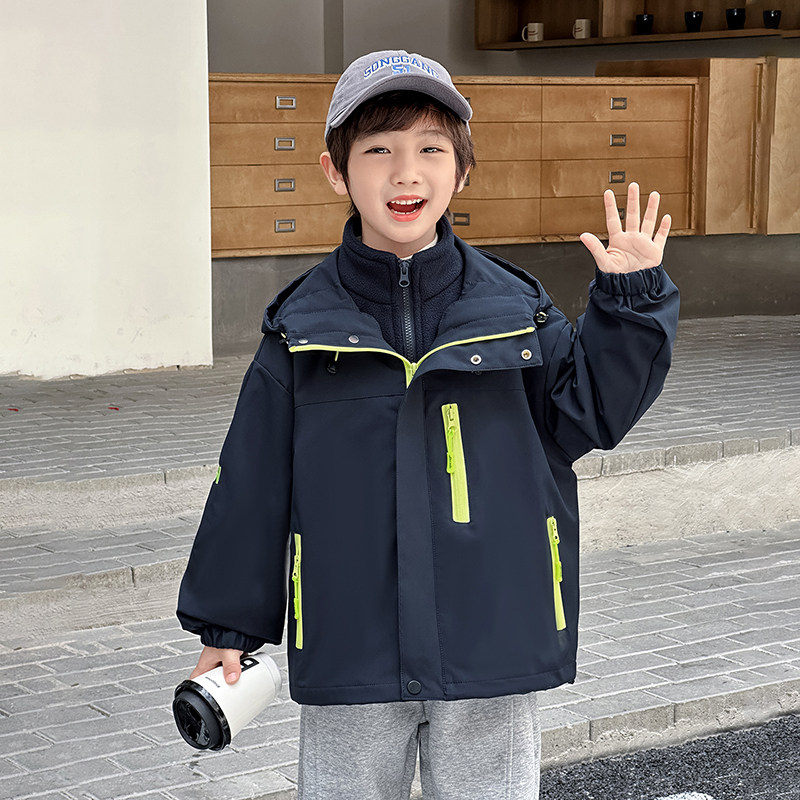 男童冲锋衣外套春秋款中大童秋冬加绒风衣儿童夹克户外可拆三合一