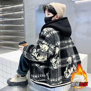 男童秋冬外套2025新款儿童秋装加绒毛毛衣中大童加厚棉服冬装炸街