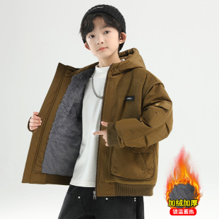 男童秋冬加绒外套洋气儿童冬装加厚奥粒绒拼色风衣中大童棉服酷帅