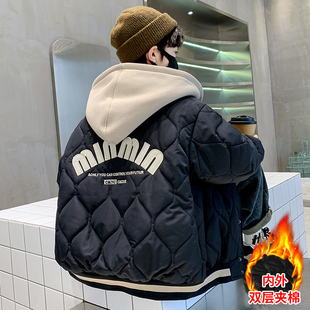 男童夹棉外套秋冬款洋气儿童冬装加厚棒球服中大童假两件棉衣潮帅