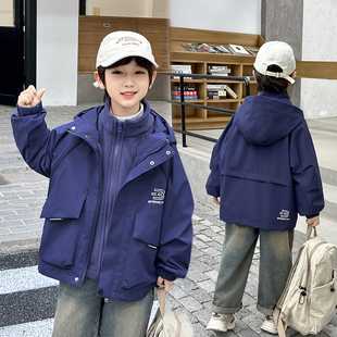男童冲锋衣外套春秋款儿童春装加绒风衣中大童夹克可拆三合一酷帅