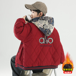 男童秋冬夹棉外套时髦儿童冬季加厚棒球服中大童棉衣假两件国潮风