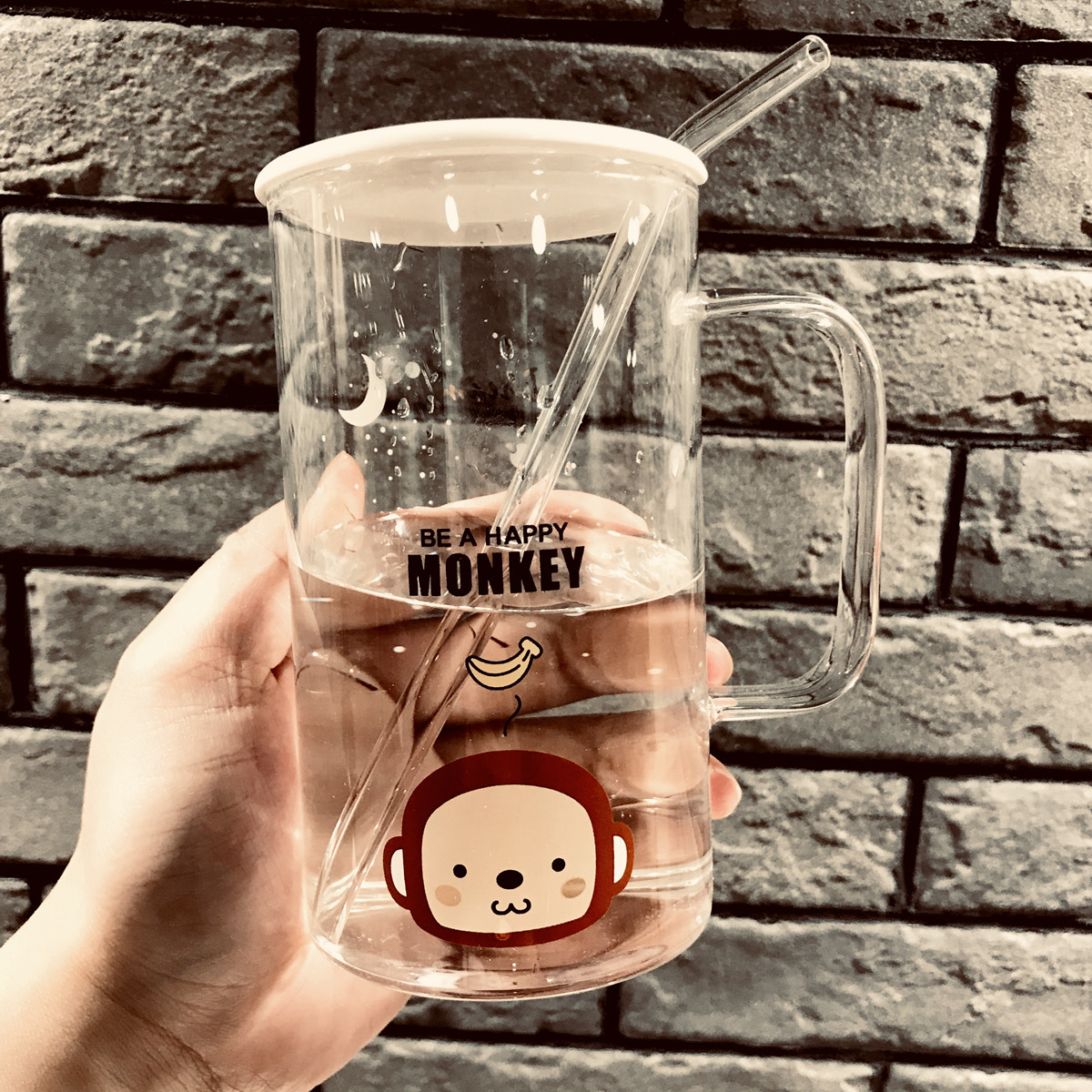 个性潮流吸管办公室带盖勺玻璃杯