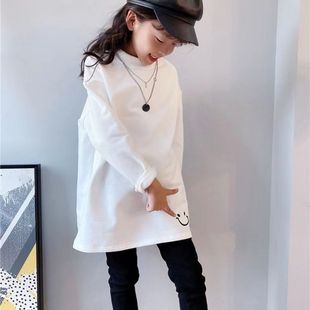 女童加绒长袖t恤儿童秋冬新款韩版笑脸宽松中长款加厚百搭打底衫