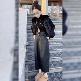 女士蛋白皮尤裤新款韩版秋冬乌皮高腰PU哈伦裤休闲裤阔腿裤皮裤潮