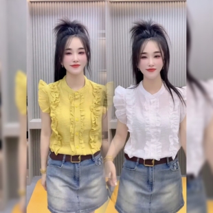 法式甜美荷叶边飞飞袖冰丝棉衬衫女夏2026新小众高级感洋气小衫