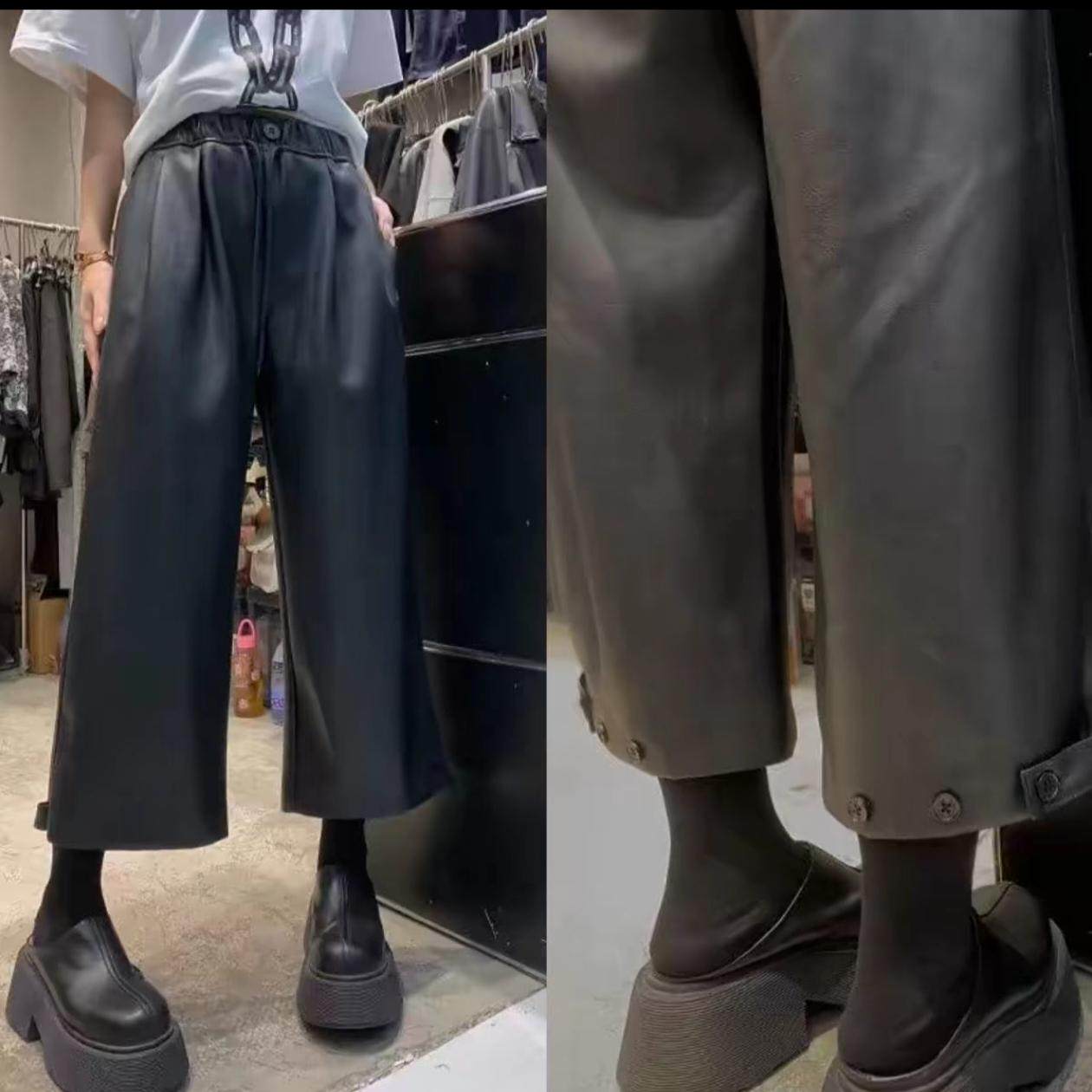 欧货蛋白皮尤阔腿裤女冬高腰宽松高端气质直筒窄版弯刀裤加绒皮裤,女装/女士精品,休闲裤,淘宝优惠券,粉丝福利购,淘宝优惠卷