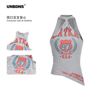 交叉領(lǐng)夏季 上衣字母印花 背心吊帶辣妹性感不規(guī)則工裝 UNBDNSIU同款