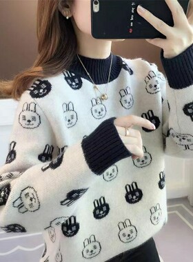 秋冬设计感卡通兔子针织毛衣女新款韩版宽松半高领洋气保暖打底衫