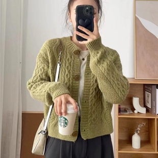 针织开衫女上衣2025年新款春秋麻花小个子甜美慵懒风加厚毛衣外套