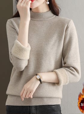 半高领针织衫女秋冬一体绒加绒加厚毛衣女短款宽松打底衫外穿上衣