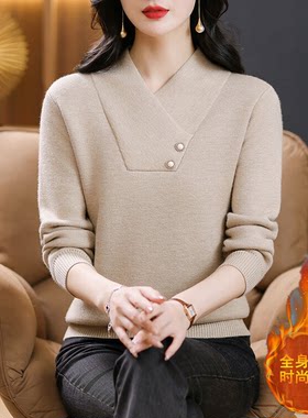交叉领加绒加厚毛衣女2026新款秋冬一体绒中年内搭宽松针织打底衫