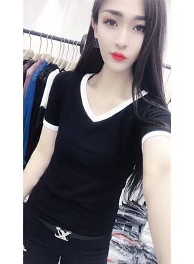 韩版V领黑色撞色短袖T恤女夏季修身显瘦简约休闲百搭潮流洋气上衣