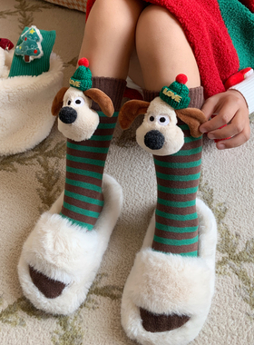 女童圣诞袜子秋冬中筒袜加厚毛圈保暖居家地板袜宝宝平安夜长筒袜