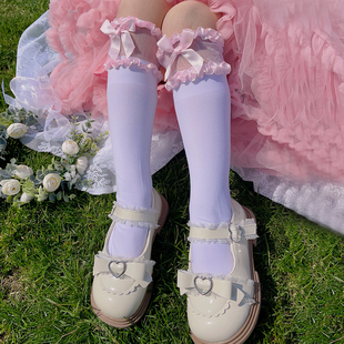 公主小腿袜 白色配小皮鞋 薄款 儿童袜子女蝴蝶结镂空可爱长筒袜夏季