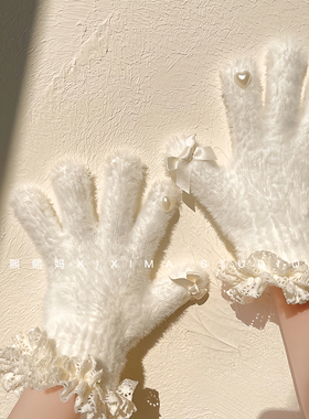 日系女宝宝手套冬季可爱公主蕾丝五指女童大童蝴蝶结保暖女孩分指