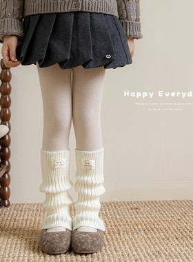 2026女童秋冬咖色布标堆堆袜加厚保暖儿童竖条韩系女孩外穿腿套
