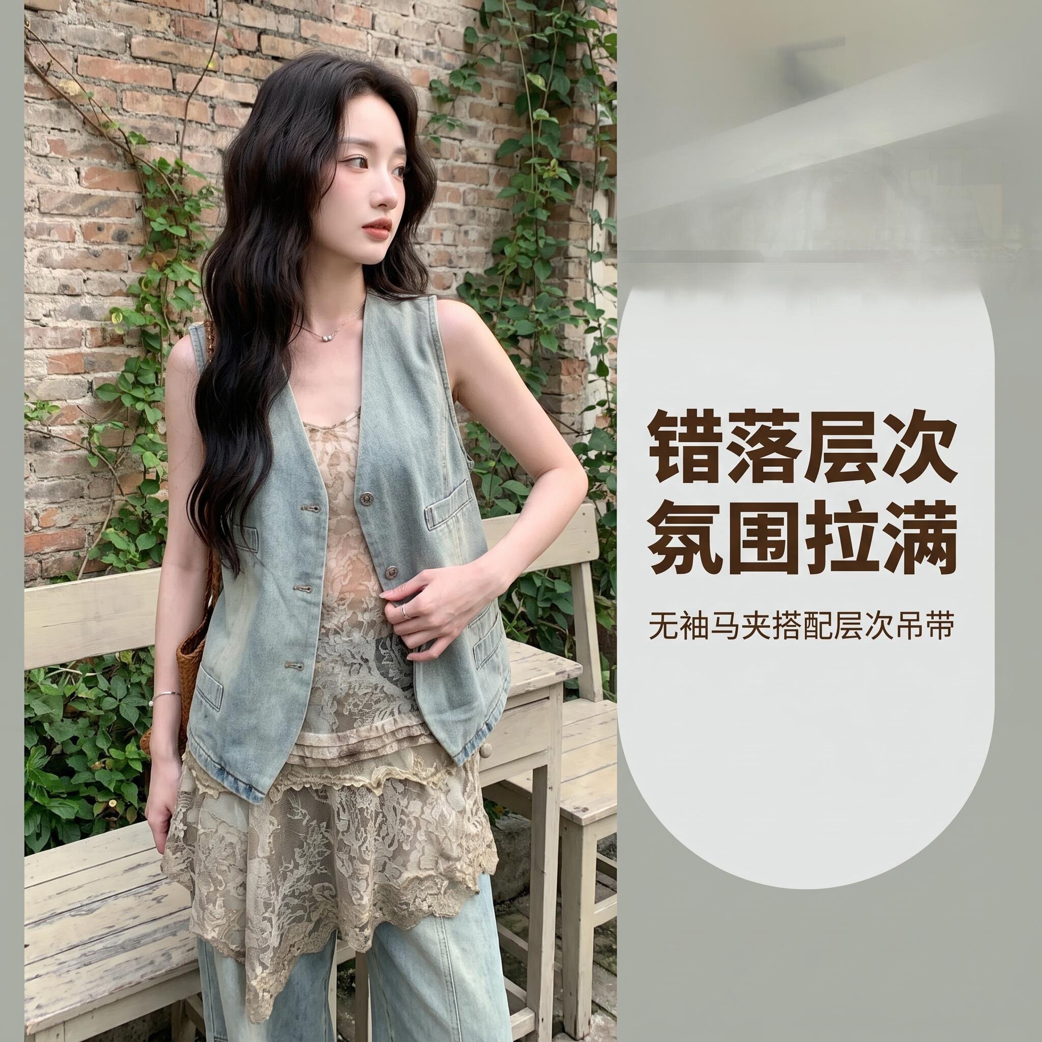 法式牛仔马甲蕾丝吊带阔腿三件套