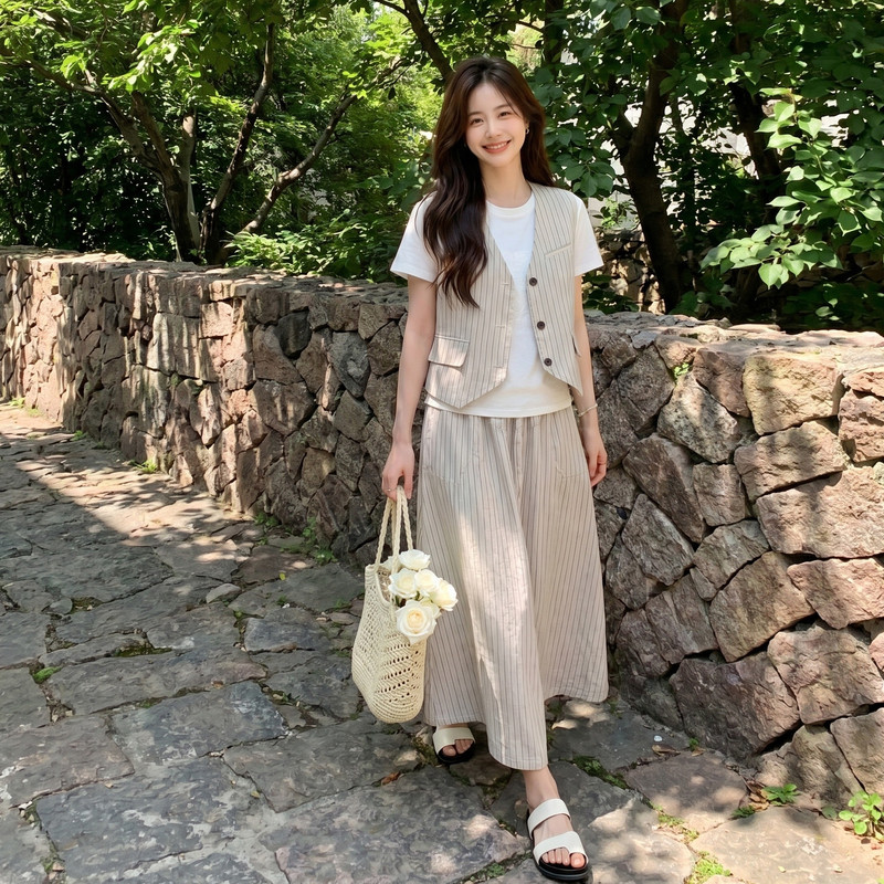 亚麻条纹轻熟风马甲半身裙三件套