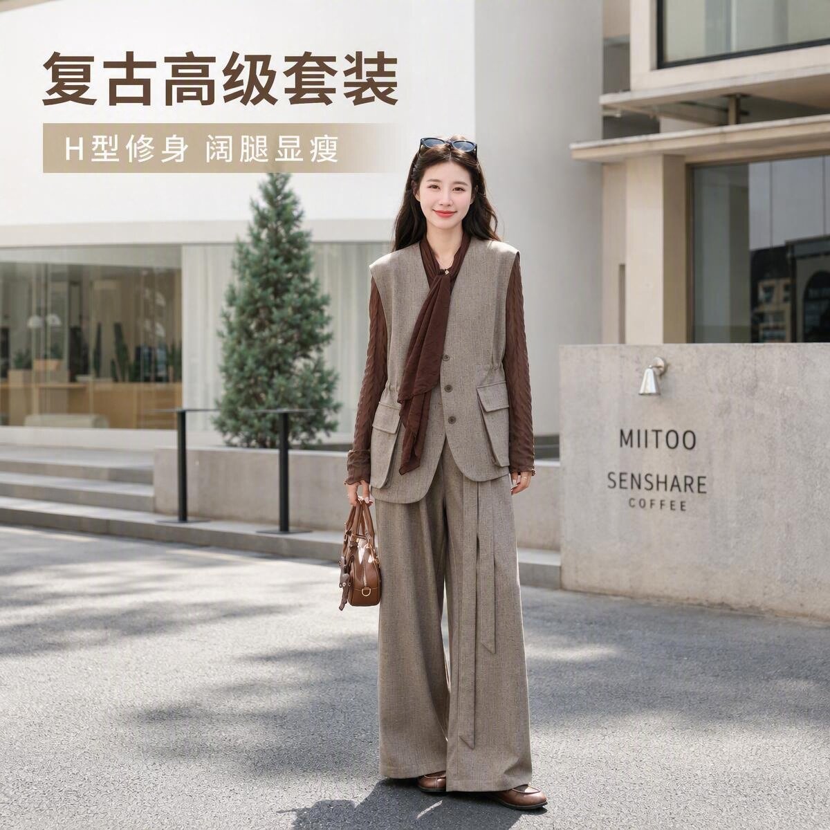 老钱风咖色西装马甲阔腿三件套女
