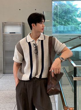 2025夏季新款灰色翻领Polo衫设计感小众型男宽松针织衫T恤韩版