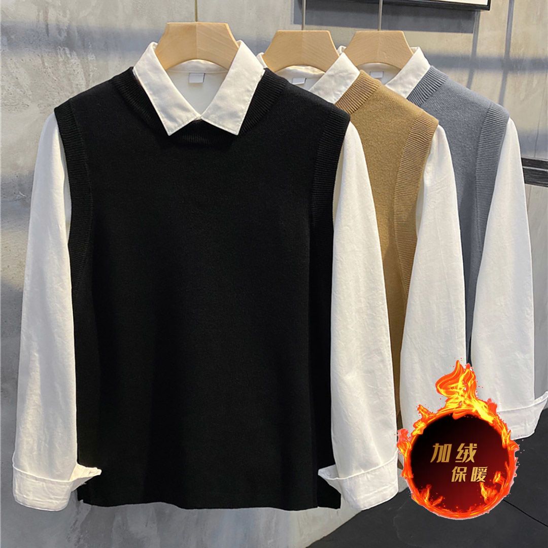 秋冬季加绒加厚衬衫领毛衣男士衬衫领韩版潮流马甲衬衣针织衫外套