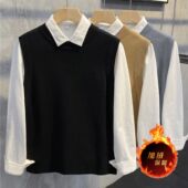 潮流马甲衬衣针织衫 秋冬季 外套 衬衫 领韩版 加绒加厚衬衫 领毛衣男士