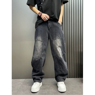 阔脚宽松老爹裤 直筒牛仔裤 贴布弯刀工装 裤 子 新款 百搭哈伦长裤 男士