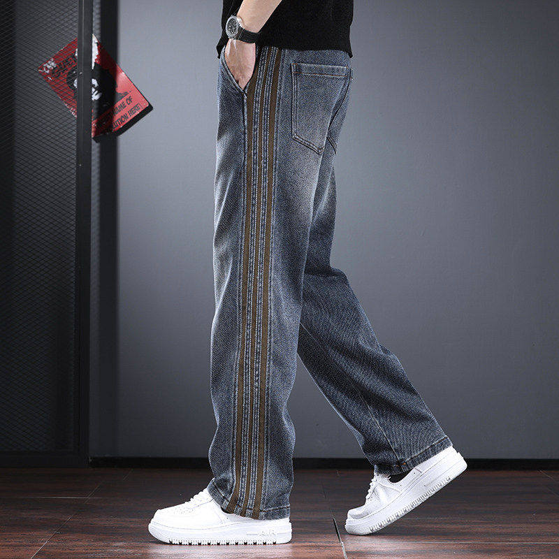 重磅休闲牛仔裤男秋冬款潮牌宽松直筒长裤条纹高街加绒加厚男裤子