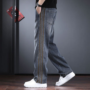 重磅休闲牛仔裤男秋冬款潮牌宽松直筒长裤条纹高街加绒加厚男裤子