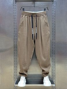 2024夏季新款棉麻超薄透气垂感休闲裤男潮流褶皱哈伦裤宽松萝卜裤