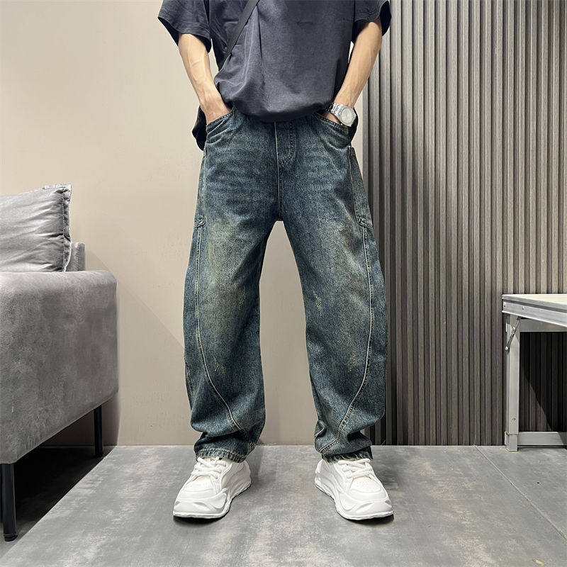 美式复古做旧多口袋拼接工装牛仔裤男春秋宽松直筒休闲阔腿弯刀裤,男装,牛仔裤,淘宝优惠券,粉丝福利购,淘宝优惠卷