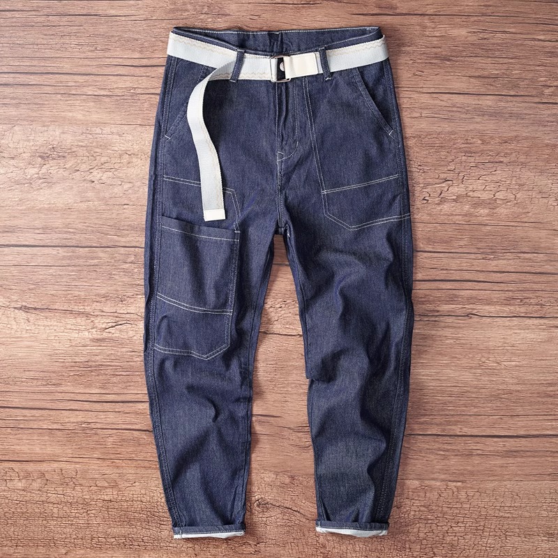 春夏季新款美式工装潮牌男牛仔裤子复古阿美咔叽多口袋牛仔九分裤