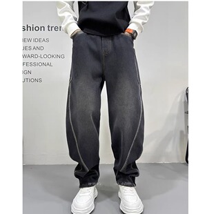 牛仔裤男士2025秋冬款潮牌弯刀裤美式休闲抽绳水洗复古工装裤