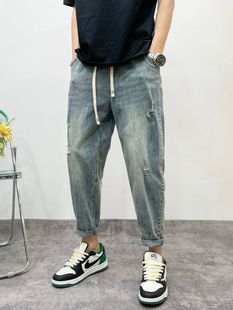 薄款 男士 夏季 休闲痞帅复古破洞牛仔裤 子 潮流直筒宽松九分裤 哈伦裤