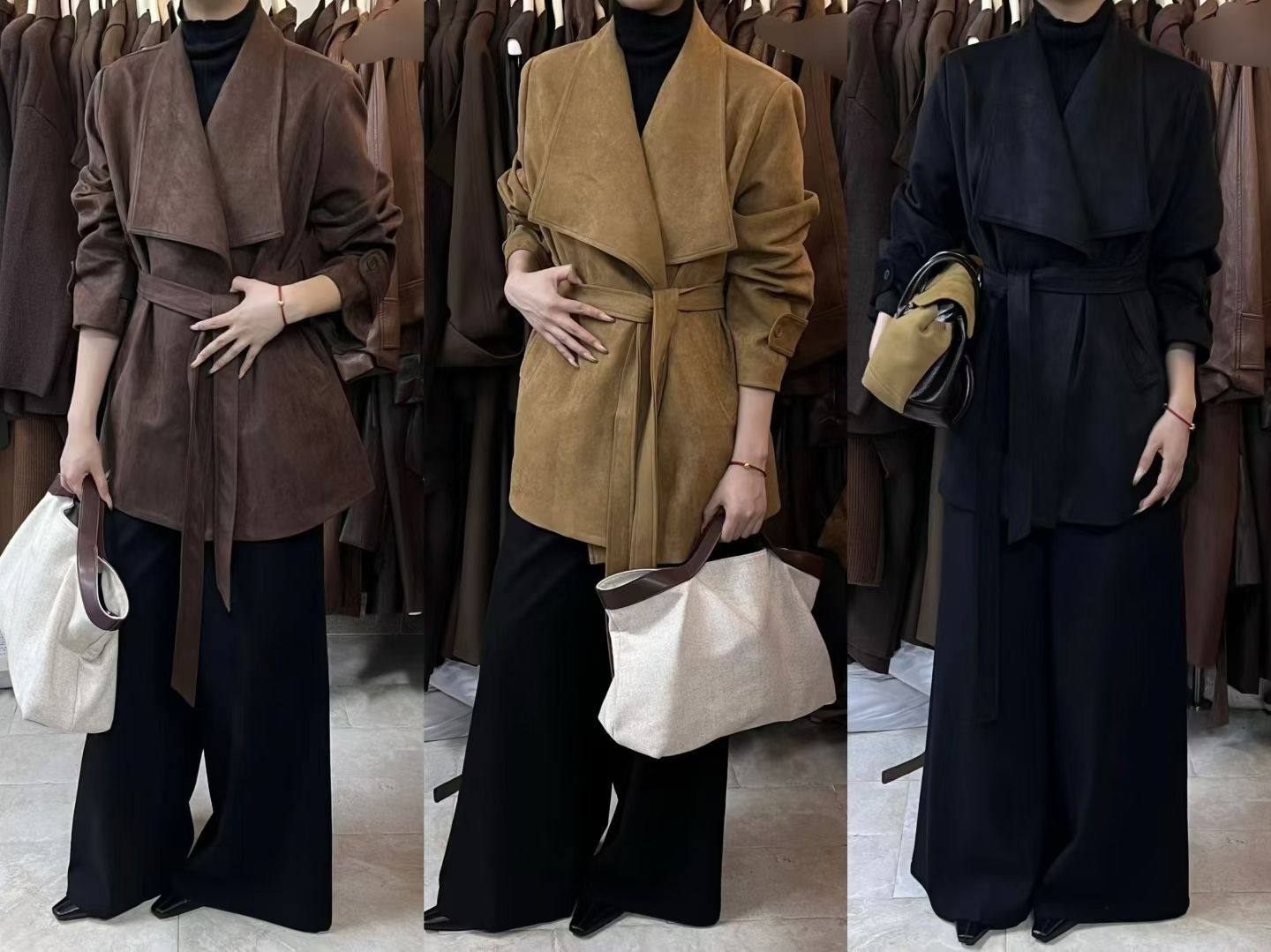 2025秋冬新品宽松韩版大翻领腰带设计鹿皮绒中长风衣外套女款