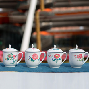 醴陵瓷器釉下彩手绘瓷谷版毛瓷单杯芙蓉花月季花菊花梅花礼盒装